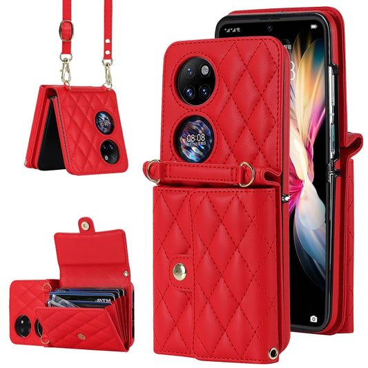 For Huawei P50 Pocket Rhombic Texture Card Bag PU Phone Case with Long Lanyard(Red) - Huawei Cases by PMC Jewellery | Online Shopping South Africa | PMC Jewellery | Buy Now Pay Later Mobicred