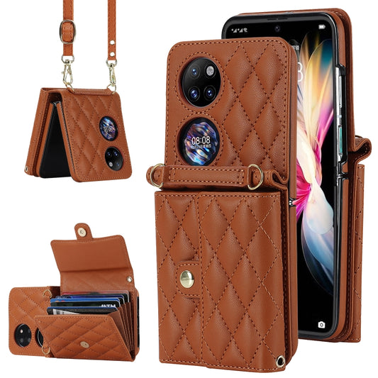 For Huawei P50 Pocket Rhombic Texture Card Bag PU Phone Case with Long Lanyard(Brown) - Huawei Cases by PMC Jewellery | Online Shopping South Africa | PMC Jewellery | Buy Now Pay Later Mobicred