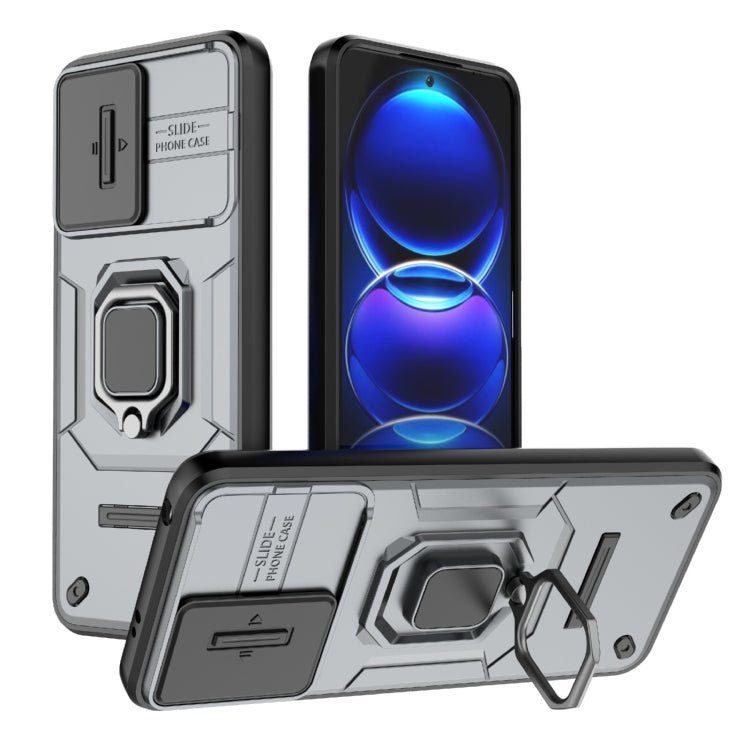For Xiaomi Redmi Note 12 5G Global Sliding Camshield TPU + PC Shockproof Phone Case with Holder(Grey) - Xiaomi Cases by PMC TechLife | Online Shopping South Africa | PMC TechLife | Buy Now Pay Later Mobicred