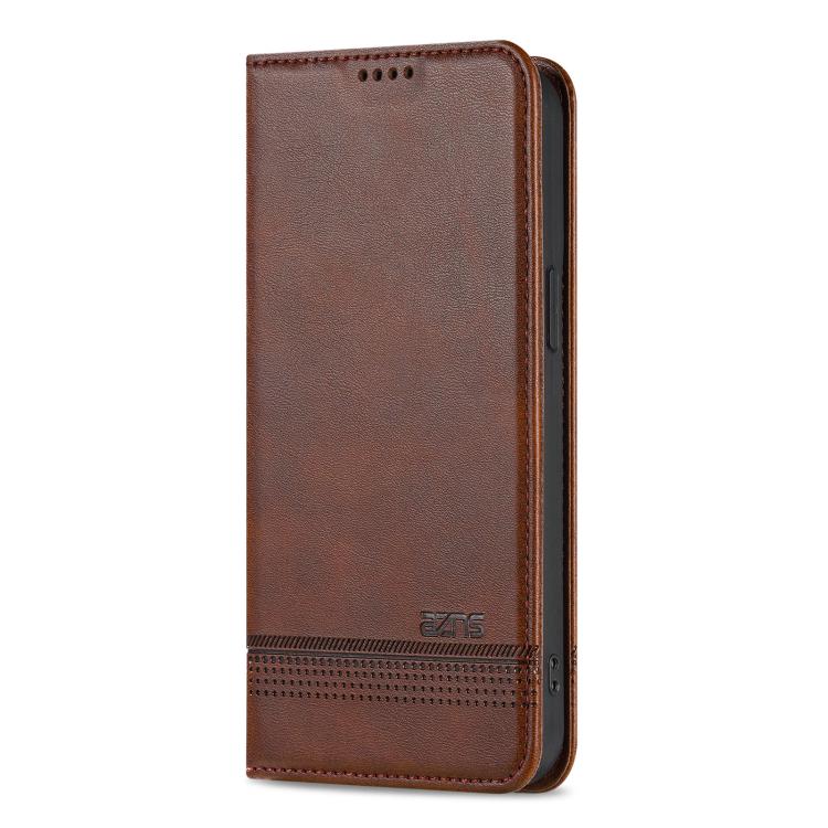 For iPhone 16e AZNS Magnetic Calf Texture Flip Leather Phone Case(Dark Brown) - free shipping - PMC TechLife - Order now!