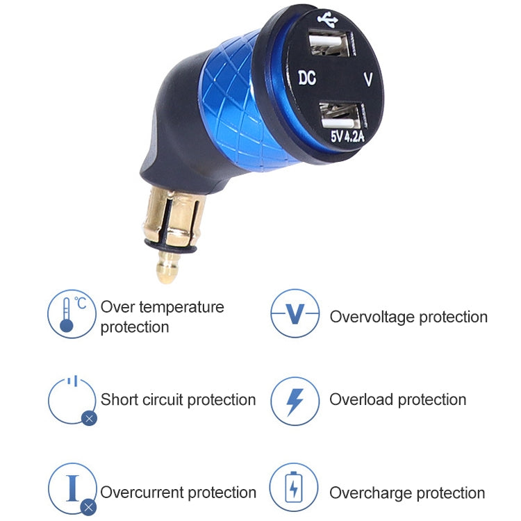 German EU Plug Special Motorcycle Elbow Charger Dual USB Voltmeter 4.2A Charger, Shell Color:Blue(Red Light) - Battery Charger by PMC TechLife | Online Shopping South Africa | PMC TechLife | Buy Now Pay Later Mobicred