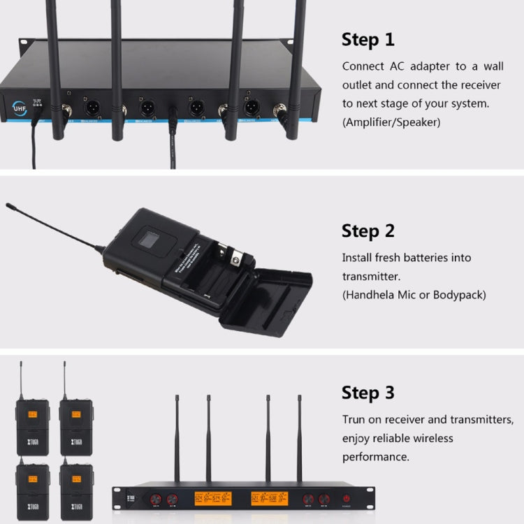 XTUGA A400-HB Professional 4-Channel UHF Wireless Microphone System with 2 Handheld & 2 Headset Microphone(US Plug) - Microphone by XTUGA | Online Shopping South Africa | PMC Jewellery | Buy Now Pay Later Mobicred