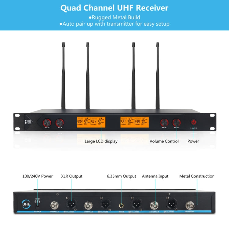 XTUGA A400-H Professional 4-Channel UHF Wireless Microphone System with 4 Handheld Microphone(US Plug) - Microphone by XTUGA | Online Shopping South Africa | PMC Jewellery | Buy Now Pay Later Mobicred