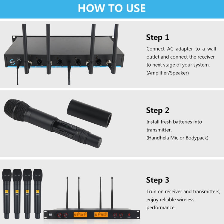 XTUGA A400-H Professional 4-Channel UHF Wireless Microphone System with 4 Handheld Microphone(UK Plug) - Microphone by XTUGA | Online Shopping South Africa | PMC Jewellery | Buy Now Pay Later Mobicred