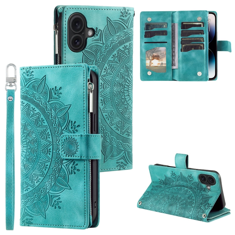 For iPhone 16 Multi-Card Totem Zipper Leather Phone Case(Green) - iPhone 16 Cases by PMC TechLife | Online Shopping South Africa | PMC TechLife | Buy Now Pay Later Mobicred