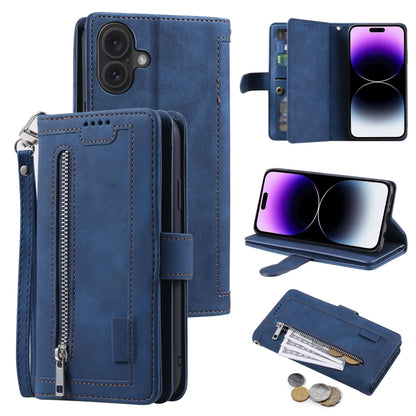 For iPhone 16 Plus Nine Card Zipper Bag Leather Phone Case with Lanyard(Blue) - iPhone 16 Plus Cases by PMC Jewellery | Online Shopping South Africa | PMC Jewellery | Buy Now Pay Later Mobicred