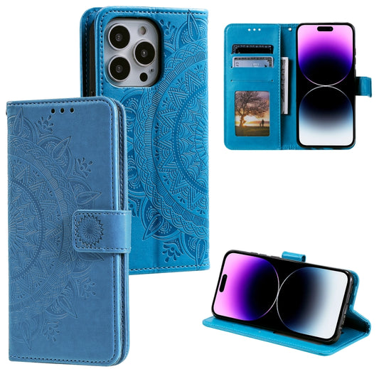 For iPhone 16 Pro Totem Flower Embossed Leather Phone Case(Blue) - iPhone 16 Pro Cases by PMC Jewellery | Online Shopping South Africa | PMC Jewellery | Buy Now Pay Later Mobicred