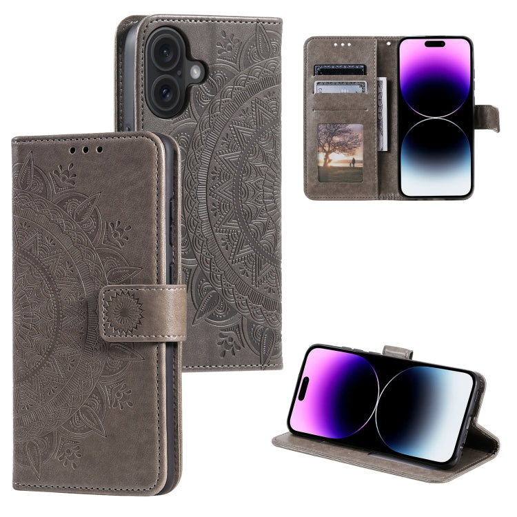 For iPhone 16 Plus Totem Flower Embossed Leather Phone Case(Grey) - iPhone 16 Plus Cases by PMC Jewellery | Online Shopping South Africa | PMC Jewellery | Buy Now Pay Later Mobicred