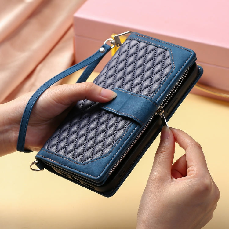 For iPhone 16 Pro Max Grid Texture Zipper Leather Phone Case with Lanyard(Blue) - iPhone 16 Pro Max Cases by PMC TechLife | Online Shopping South Africa | PMC TechLife | Buy Now Pay Later Mobicred