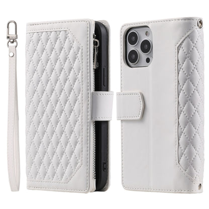 For iPhone 16 Pro Grid Texture Zipper Leather Phone Case with Lanyard(White) - iPhone 16 Pro Cases by PMC Jewellery | Online Shopping South Africa | PMC Jewellery | Buy Now Pay Later Mobicred