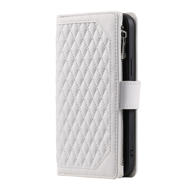 For iPhone 16 Pro Grid Texture Zipper Leather Phone Case with Lanyard(White) - iPhone 16 Pro Cases by PMC Jewellery | Online Shopping South Africa | PMC Jewellery | Buy Now Pay Later Mobicred