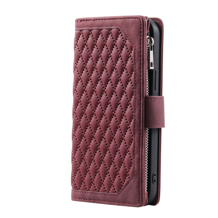 For iPhone 16 Grid Texture Zipper Leather Phone Case with Lanyard(Wine Red) - iPhone 16 Cases by PMC TechLife | Online Shopping South Africa | PMC TechLife | Buy Now Pay Later Mobicred