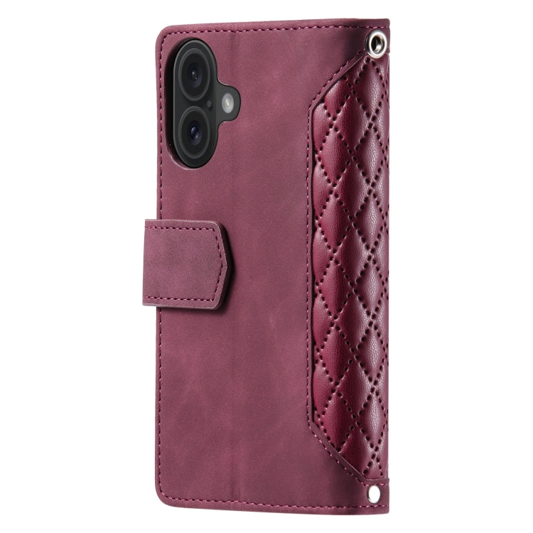 For iPhone 16 Grid Texture Zipper Leather Phone Case with Lanyard(Wine Red) - iPhone 16 Cases by PMC TechLife | Online Shopping South Africa | PMC TechLife | Buy Now Pay Later Mobicred