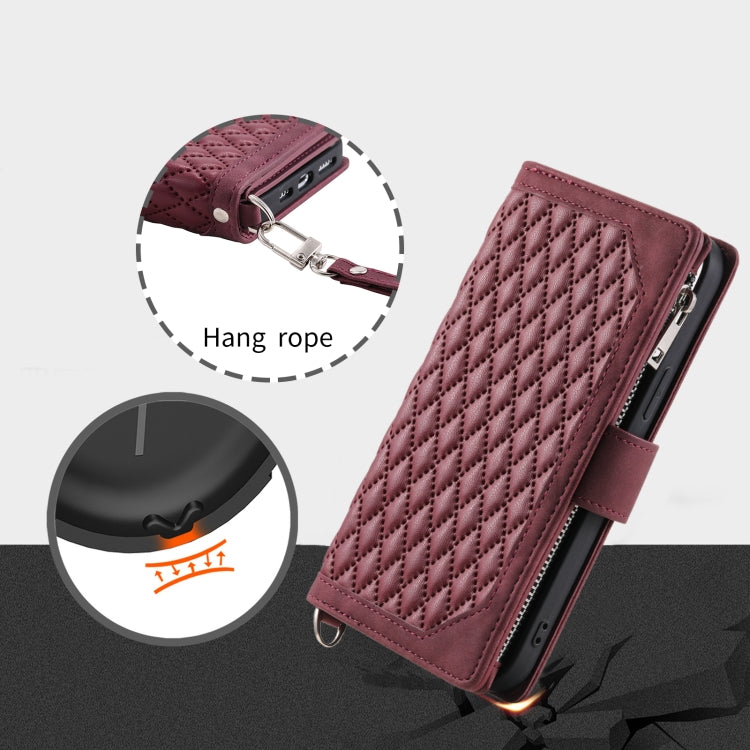 For iPhone 16 Grid Texture Zipper Leather Phone Case with Lanyard(Wine Red) - iPhone 16 Cases by PMC Jewellery | Online Shopping South Africa | PMC Jewellery | Buy Now Pay Later Mobicred