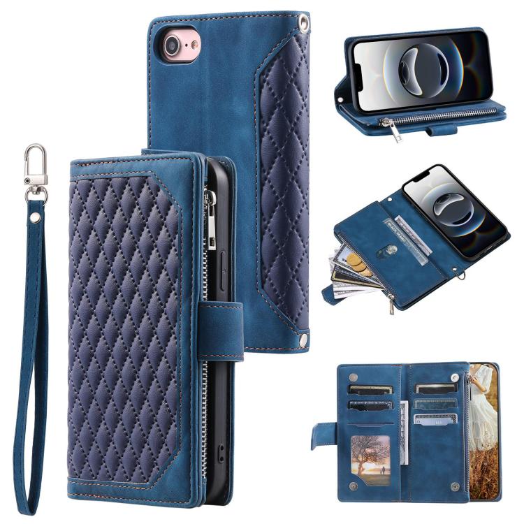 For iPhone 16e Grid Texture Zipper Leather Phone Case with Lanyard(Blue) - iPhone 16e Cases by PMC TechLife | Online Shopping South Africa | PMC TechLife | Buy Now Pay Later Mobicred