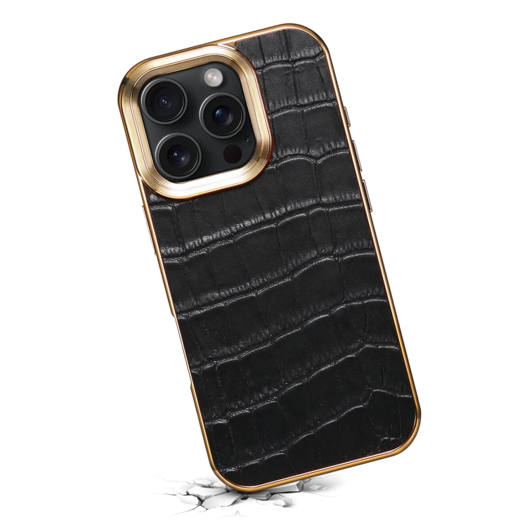 For iPhone 16 Pro Denior Crocodile Texture Genuine Leather Electroplating Phone Case(Black) - More iPhone Cases by Denior | Online Shopping South Africa | PMC Jewellery | Buy Now Pay Later Mobicred