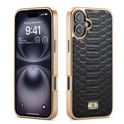 For iPhone 16 Plus Fierre Shann Python Texture Electroplating PU Phone Case(Black) - iPhone 16 Plus Cases by FIERRE SHANN | Online Shopping South Africa | PMC Jewellery | Buy Now Pay Later Mobicred