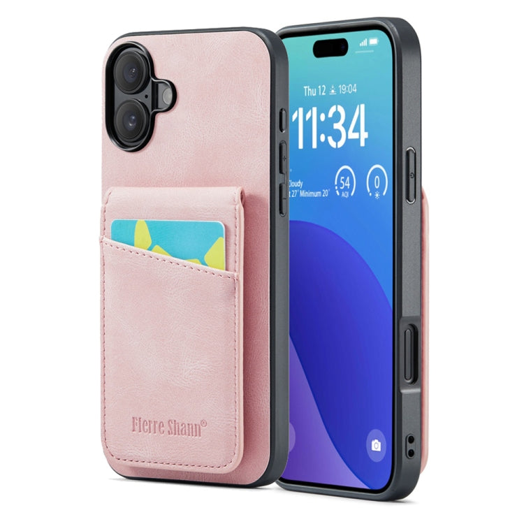 For iPhone 16 Fierre Shann Crazy Horse Card Holder Back Cover PU Phone Case(Pink) - iPhone 16 Cases by FIERRE SHANN | Online Shopping South Africa | PMC Jewellery | Buy Now Pay Later Mobicred