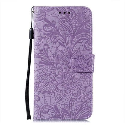 For iPhone 16 Lace Flower Embossing Flip Leather Phone Case(Purple) - iPhone 16 Cases by PMC Jewellery | Online Shopping South Africa | PMC Jewellery | Buy Now Pay Later Mobicred