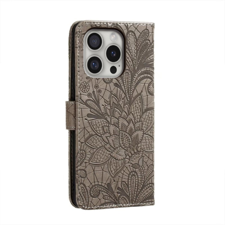 For iPhone 16 Pro Lace Flower Embossing Flip Leather Phone Case(Grey) - iPhone 16 Pro Cases by PMC Jewellery | Online Shopping South Africa | PMC Jewellery | Buy Now Pay Later Mobicred