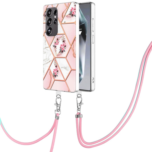 For Samsung Galaxy S25 Ultra 5G Electroplating Splicing Marble Flower IMD TPU Phone Case with Lanyard(Pink Flower) - Galaxy S25 Ultra 5G Cases by PMC Jewellery | Online Shopping South Africa | PMC Jewellery | Buy Now Pay Later Mobicred