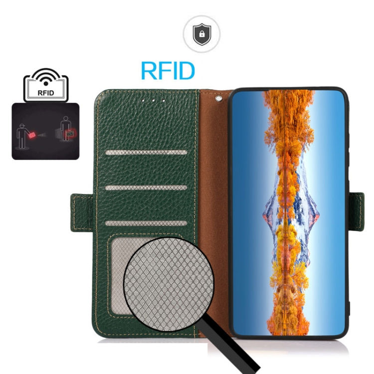 For Honor X6A KHAZNEH Side-Magnetic Litchi Genuine Leather RFID Phone Case(Green) - Honor Cases by PMC TechLife | Online Shopping South Africa | PMC TechLife | Buy Now Pay Later Mobicred