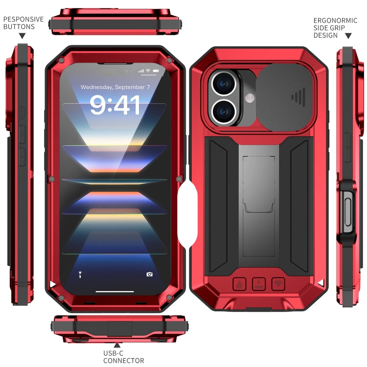 For iPhone 16 Plus R-JUST Sliding Camera IP54 Life Waterproof Holder Phone Case(Red) - free shipping - PMC Jewellery - Order now!