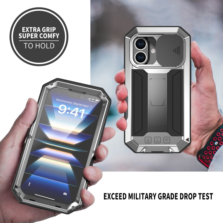 For iPhone 16 Plus R-JUST Sliding Camera IP54 Life Waterproof Holder Phone Case(Silver) - free shipping - PMC Jewellery - Order now!