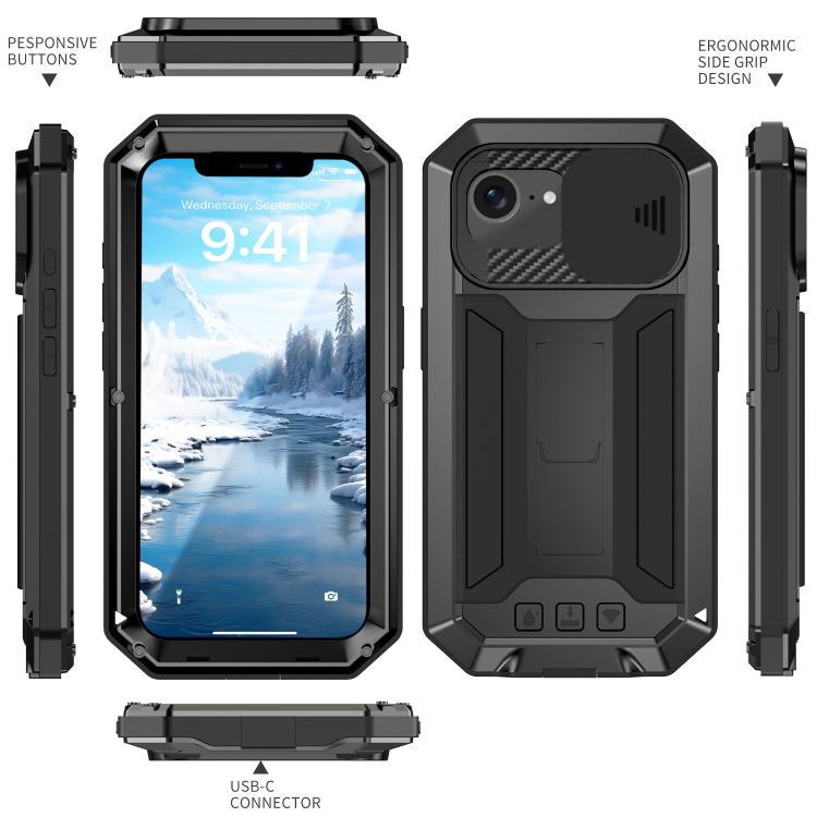 For iPhone 16e R-JUST Sliding Camera IP54 Life Waterproof Holder Phone Case(Black) - iPhone 16e Cases by R-JUST | Online Shopping South Africa | PMC TechLife | Buy Now Pay Later Mobicred