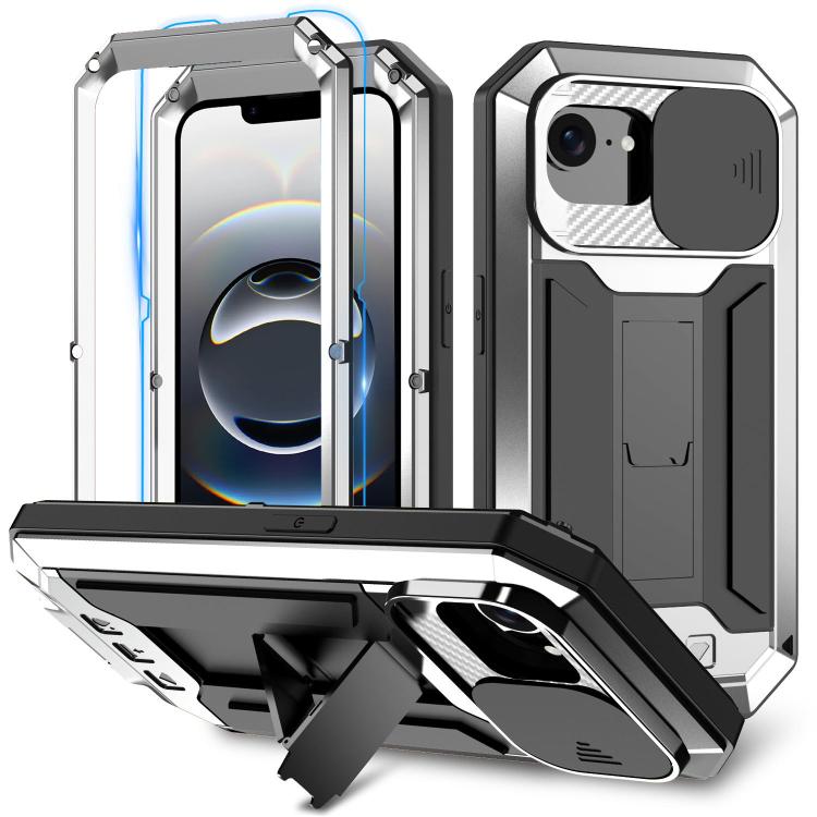 For iPhone 16e R-JUST Sliding Camera IP54 Life Waterproof Holder Phone Case(Silver) - iPhone 16e Cases by R-JUST | Online Shopping South Africa | PMC TechLife | Buy Now Pay Later Mobicred