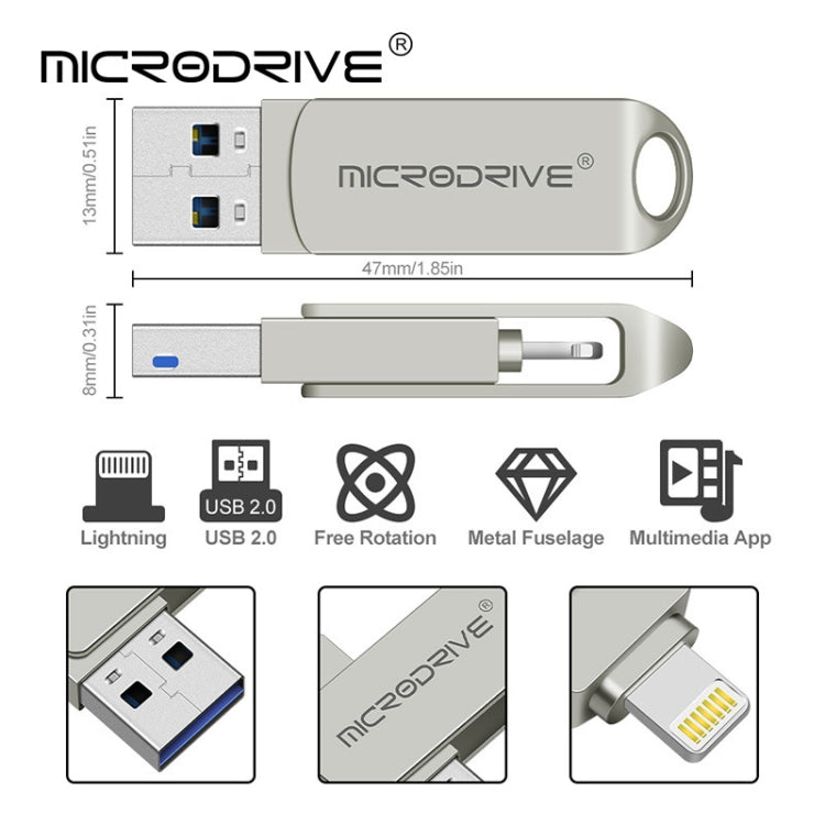 MicroDrive 2 In 1  8 Pin + USB 2.0 Portable Metal USB Flash Disk, Capacity:64GB(Silver) - USB Flash Drives by MICRODRIVE | Online Shopping South Africa | PMC Jewellery | Buy Now Pay Later Mobicred