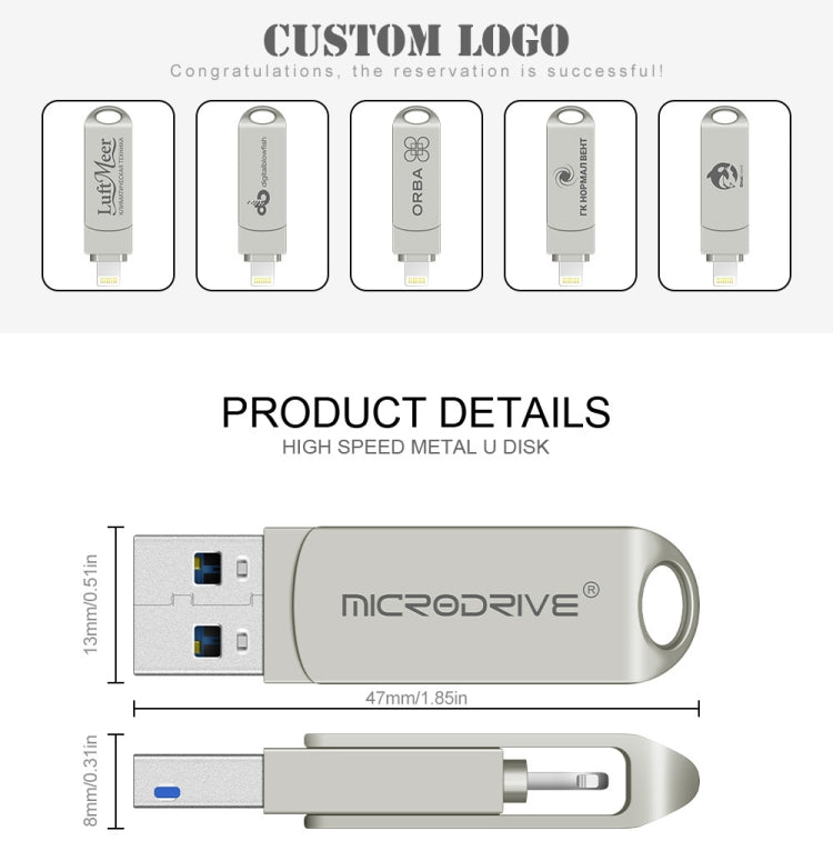 MicroDrive 2 In 1  8 Pin + USB 2.0 Portable Metal USB Flash Disk, Capacity:64GB(Silver) - USB Flash Drives by MICRODRIVE | Online Shopping South Africa | PMC Jewellery | Buy Now Pay Later Mobicred