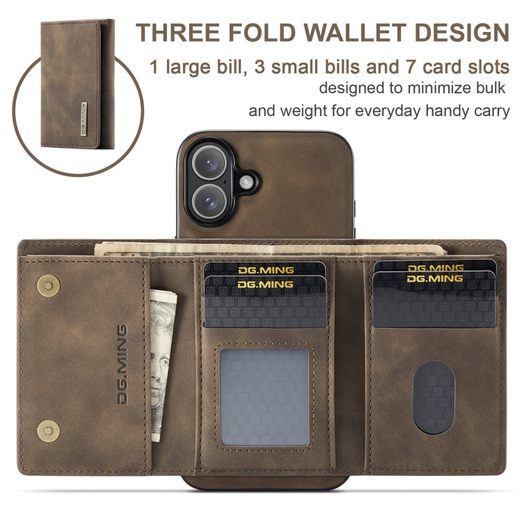 For iPhone 16 DG.MING M1 Series 3-Fold Multi Card Wallet Leather Phone Case(Coffee) - iPhone 16 Cases by DG.MING | Online Shopping South Africa | PMC Jewellery | Buy Now Pay Later Mobicred