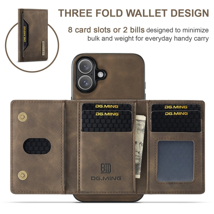 For iPhone 16 Plus DG.MING M2 Series 3-Fold Card Bag Wallet Leather Phone Case(Coffee) - iPhone 16 Plus Cases by DG.MING | Online Shopping South Africa | PMC Jewellery | Buy Now Pay Later Mobicred