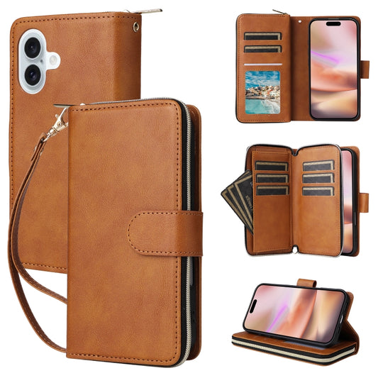 For iPhone 16 Plus 9 Card Slots Zipper Wallet Bag Leather Phone Case(Brown) - iPhone 16 Plus Cases by PMC Jewellery | Online Shopping South Africa | PMC Jewellery | Buy Now Pay Later Mobicred