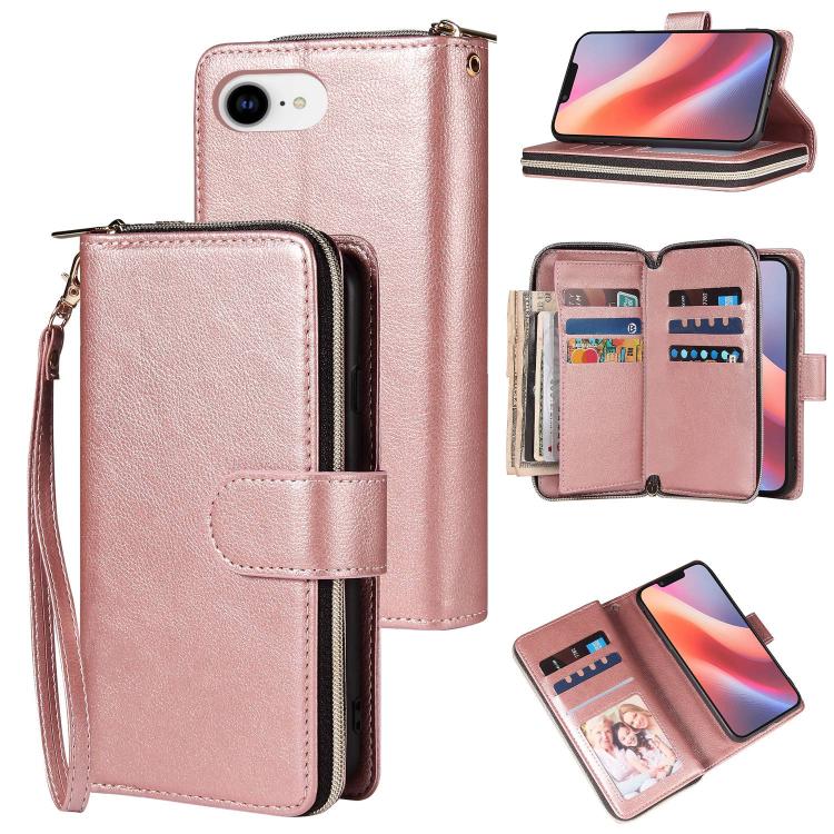 For iPhone 16e 9 Card Slots Zipper Wallet Bag Leather Phone Case(Rose Gold) - iPhone 16e Cases by PMC TechLife | Online Shopping South Africa | PMC TechLife | Buy Now Pay Later Mobicred