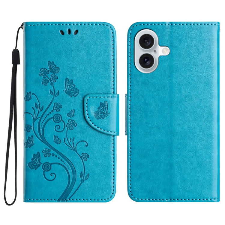 For iPhone 16 Plus Butterfly Flower Pattern Flip Leather Phone Case(Blue) - iPhone 16 Plus Cases by PMC TechLife | Online Shopping South Africa | PMC TechLife | Buy Now Pay Later Mobicred