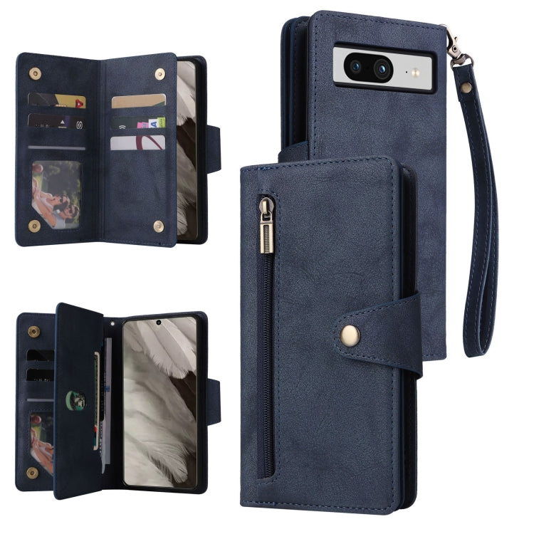 For Google Pixel 8 Rivet Buckle 9 Cards Three Fold Leather Phone Case(Blue) - Google Cases by PMC Jewellery | Online Shopping South Africa | PMC Jewellery | Buy Now Pay Later Mobicred