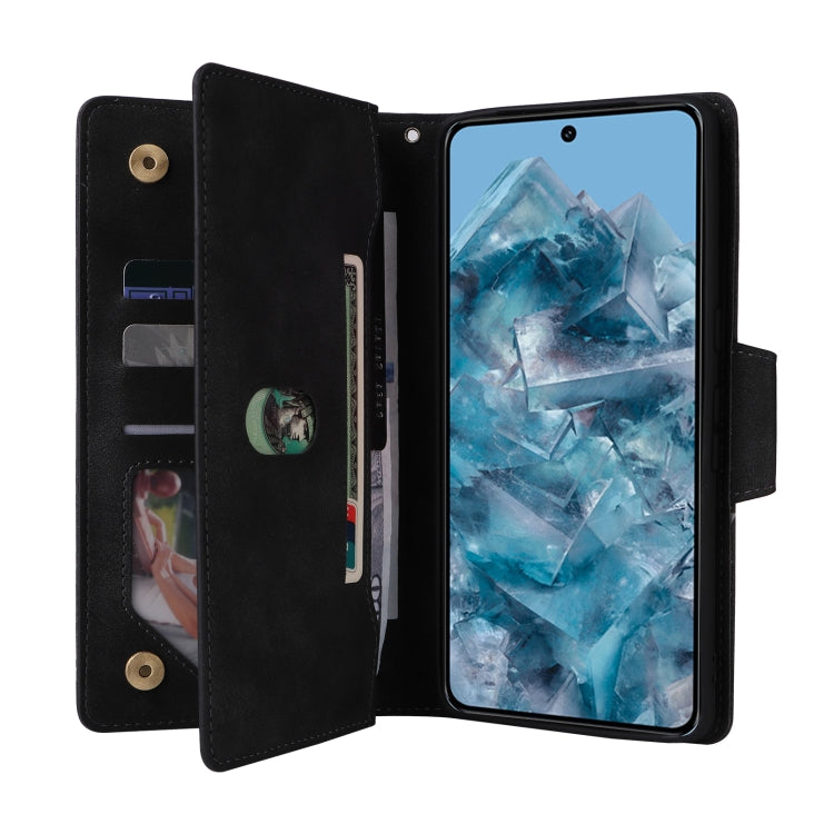For Google Pixel 8a Rivet Buckle 9 Cards Three Fold Leather Phone Case(Black) - Google Cases by PMC TechLife | Online Shopping South Africa | PMC TechLife | Buy Now Pay Later Mobicred