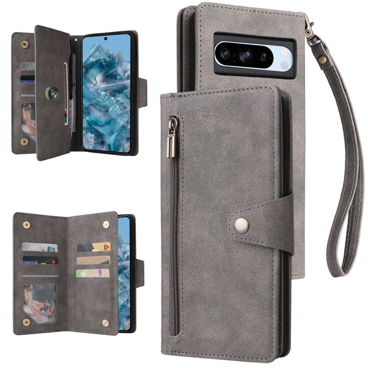 For Google Pixel 8a Rivet Buckle 9 Cards Three Fold Leather Phone Case(Grey) - Google Cases by PMC Jewellery | Online Shopping South Africa | PMC Jewellery | Buy Now Pay Later Mobicred