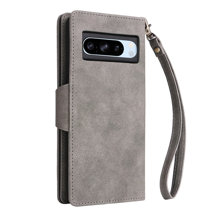 For Google Pixel 8a Rivet Buckle 9 Cards Three Fold Leather Phone Case(Grey) - Google Cases by PMC Jewellery | Online Shopping South Africa | PMC Jewellery | Buy Now Pay Later Mobicred