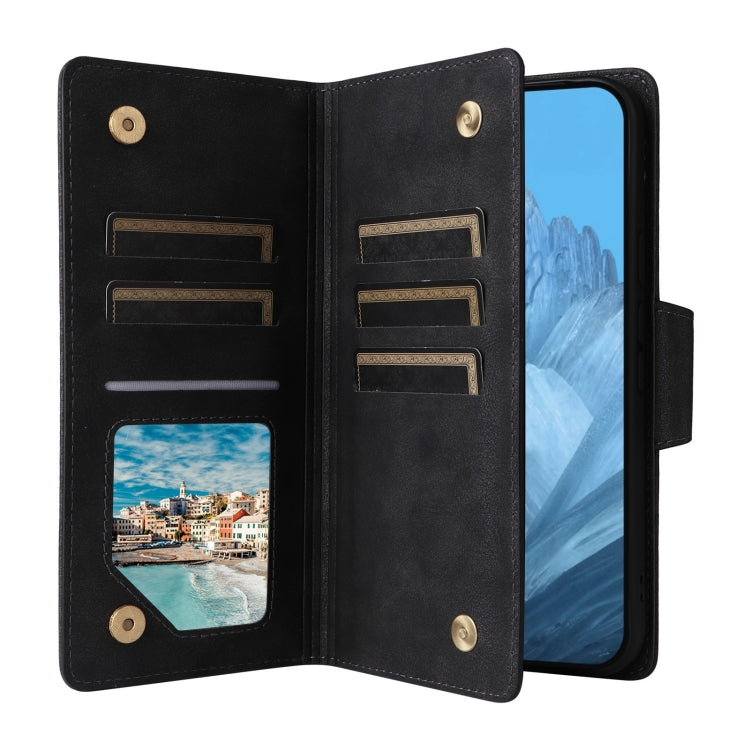 For Google Pixel 9 Rivet Buckle 9 Cards Three Fold Leather Phone Case(Black) - Google Cases by PMC TechLife | Online Shopping South Africa | PMC TechLife | Buy Now Pay Later Mobicred