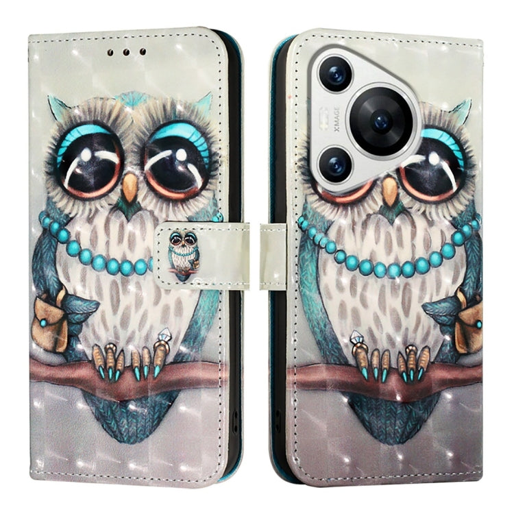 For Huawei Pura 70 3D Painting Horizontal Flip Leather Phone Case(Grey Owl) - Huawei Cases by PMC Jewellery | Online Shopping South Africa | PMC Jewellery | Buy Now Pay Later Mobicred