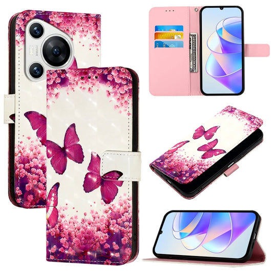 For Huawei Pura 70 3D Painting Horizontal Flip Leather Phone Case(Rose Butterfly) - Huawei Cases by PMC Jewellery | Online Shopping South Africa | PMC Jewellery | Buy Now Pay Later Mobicred