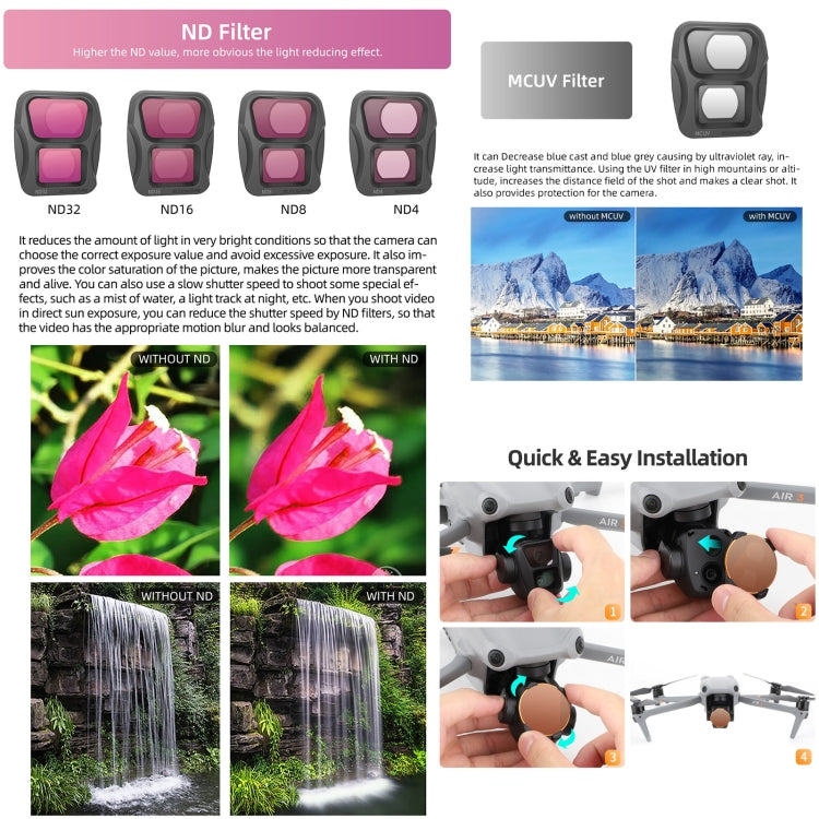 For DJI Air 3 Sunnylife Camera Lens Filter, Filter:4 in 1 ND4 ND8 ND16 ND32 - free shipping - PMC TechLife - Order now!