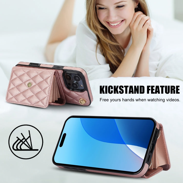 For iPhone 16 Pro Crossbody Rhombic Horizontal Wallet Leather Phone Case(Rose Gold) - iPhone 16 Pro Cases by PMC Jewellery | Online Shopping South Africa | PMC Jewellery | Buy Now Pay Later Mobicred