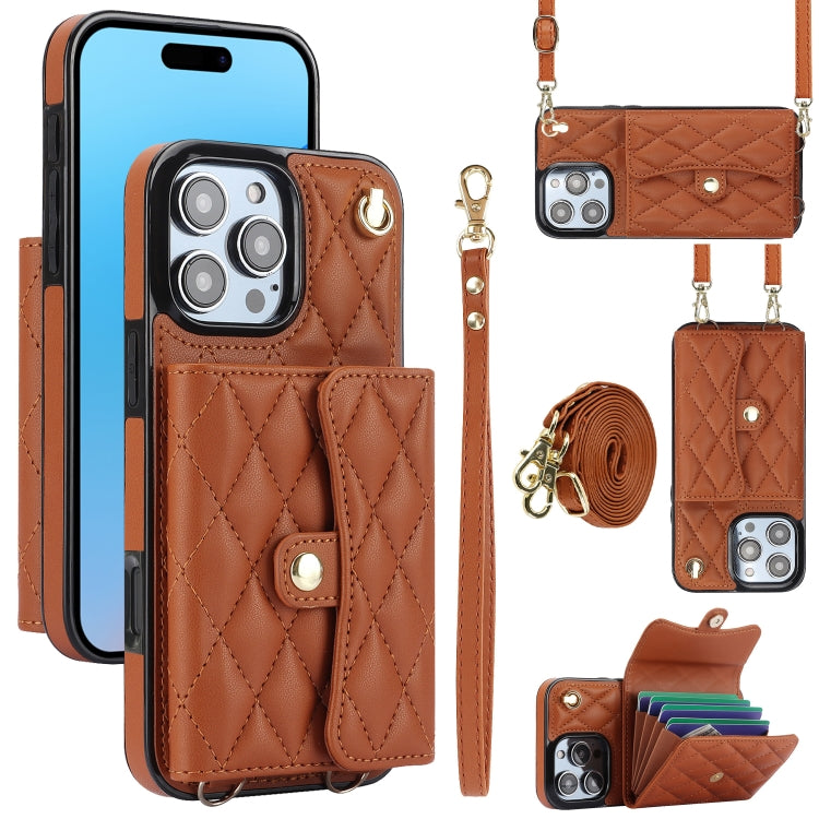 For iPhone 16 Pro Crossbody Rhombic Horizontal Wallet Leather Phone Case(Brown) - iPhone 16 Pro Cases by PMC Jewellery | Online Shopping South Africa | PMC Jewellery | Buy Now Pay Later Mobicred