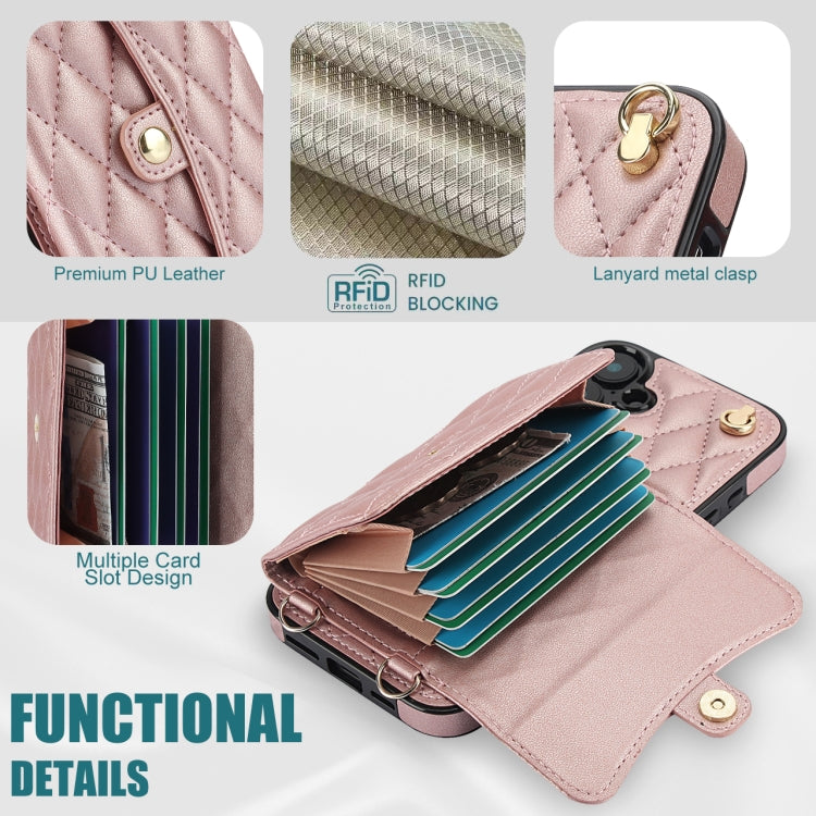 For iPhone 16 Plus Crossbody Rhombic Horizontal Wallet Leather Phone Case(Rose Gold) - free shipping - PMC Jewellery - Order now!