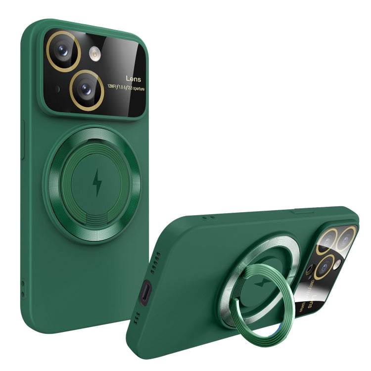 For iPhone 14 Plus Large Window MagSafe Magnetic Holder Phone Case(Dark Green) - iPhone 14 Plus Cases by PMC Jewellery | Online Shopping South Africa | PMC Jewellery