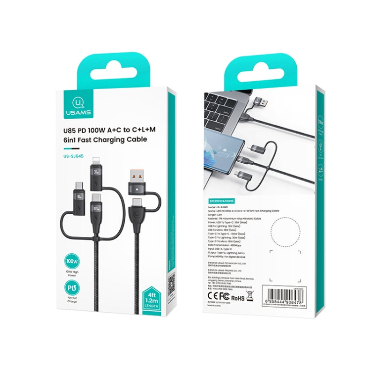 USAMS US-SJ645 U85 1.2m PD100W 6 in 1 Alloy Multifunctional Fast Charging Cable(Black) - Multifunction Cable by USAMS | Online Shopping South Africa | PMC Jewellery | Buy Now Pay Later Mobicred